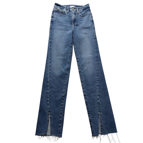 Good American Denim - Good American Good Boy Jeans Womens 2/26 Blue High Rise Boyfriend Raw Hem Fringe